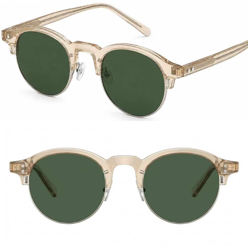Men's Clear Gold Green Round Polarized Retro Fashion Sunglasses *Case Included*